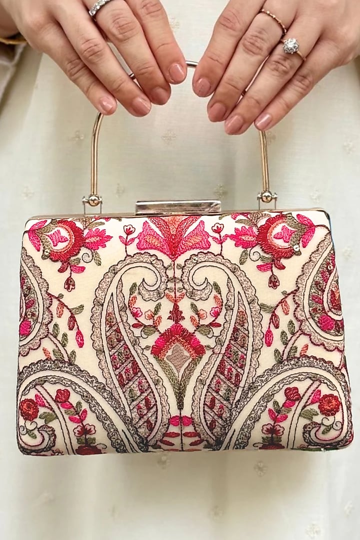 Off-White Poly Georgette Thread Embroidered Clutch by AMYRA at Pernia's Pop Up Shop