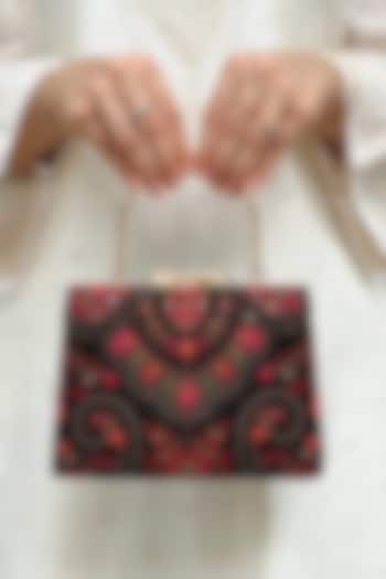 Black Poly Georgette Thread Embroidered Clutch by AMYRA at Pernia's Pop Up Shop