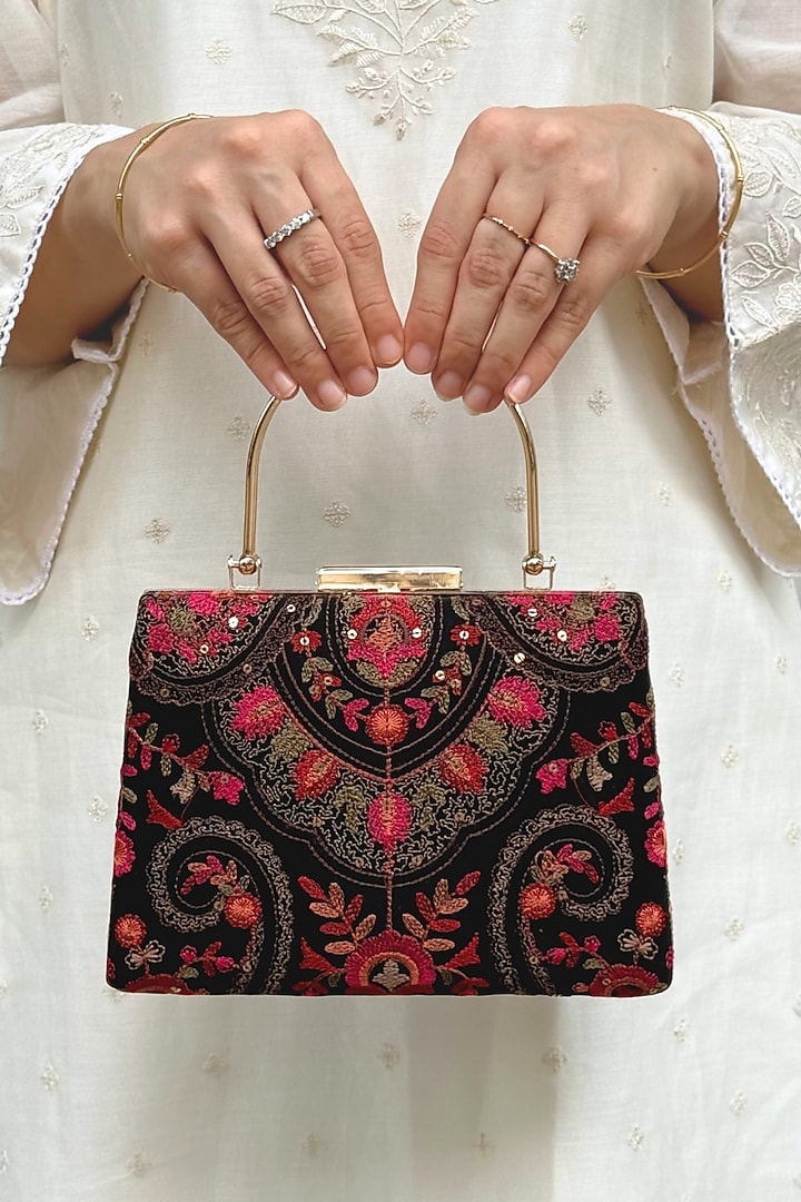 Black Poly Georgette Thread Embroidered Clutch by AMYRA at Pernia's Pop Up Shop