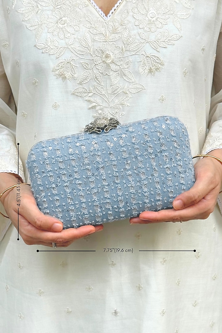 Blue Denim Sequins Embroidered Clutch by AMYRA at Pernia's Pop Up Shop