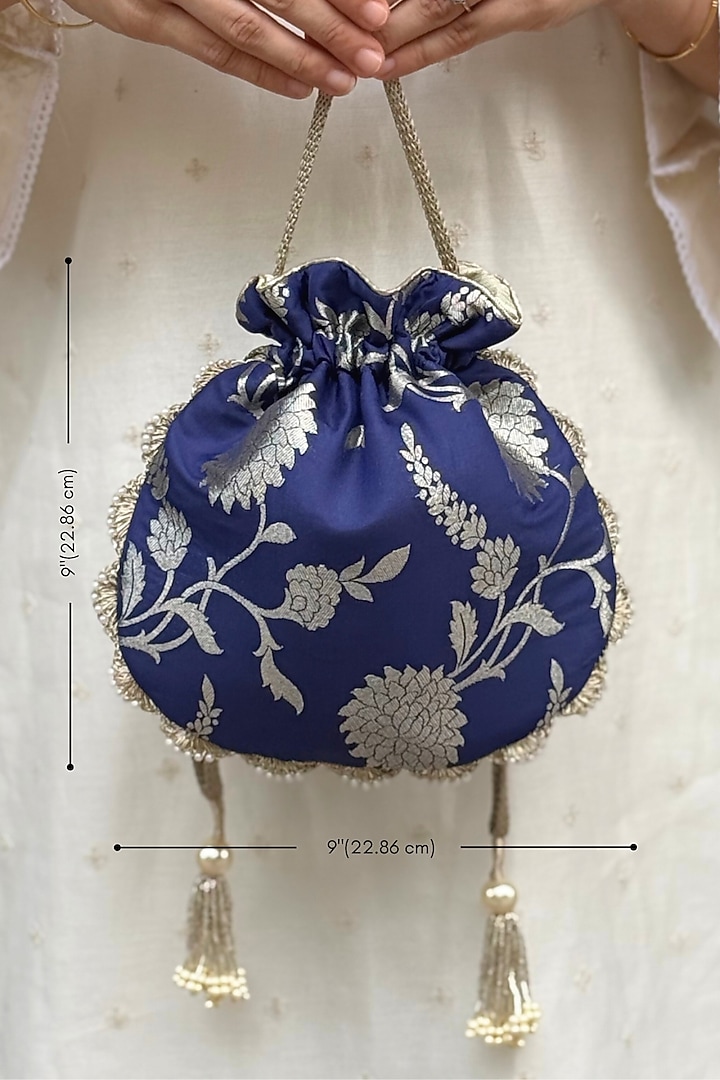 Navy Pure Banarasi Silk Potli by AMYRA at Pernia's Pop Up Shop