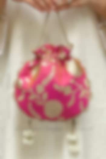 Rose Pink Pure Banarasi Silk Potli by AMYRA at Pernia's Pop Up Shop