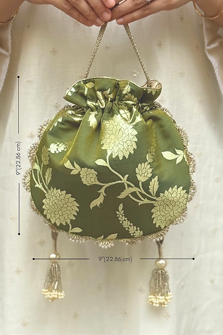 Green Pure Banarasi Silk Potli by AMYRA at Pernia's Pop Up Shop