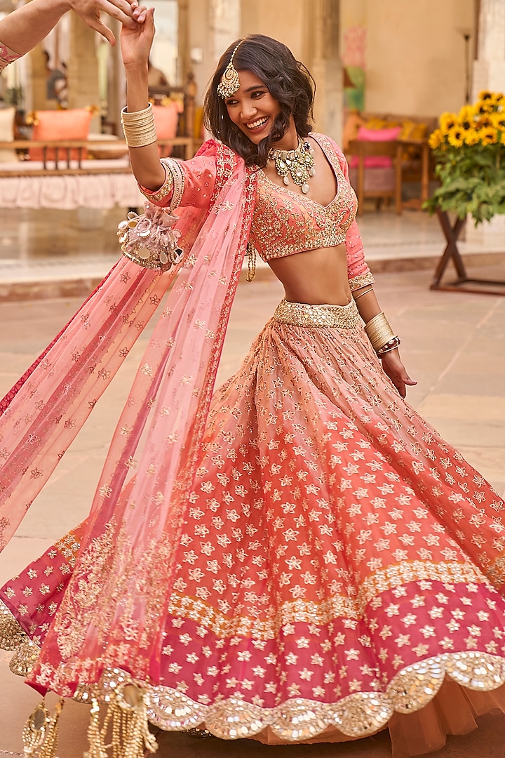 Peach & Orange Organza Printed Bridal Lehenga Set by Abhinav Mishra at Pernia's Pop Up Shop