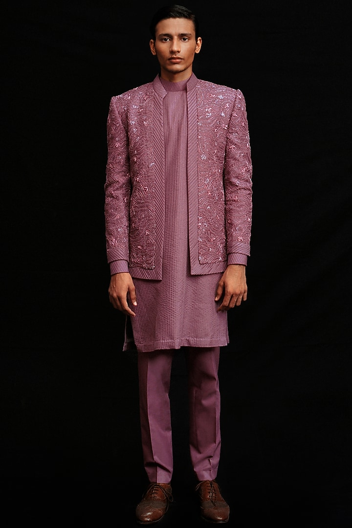 Mauve Habutai Silk Hand Embroidered Groom Indowestern Set by Amaare at Pernia's Pop Up Shop