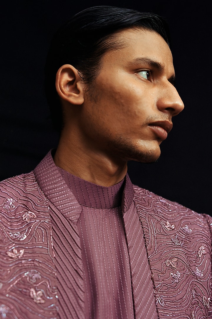 Mauve Habutai Silk Hand Embroidered Groom Indowestern Set by Amaare at Pernia's Pop Up Shop
