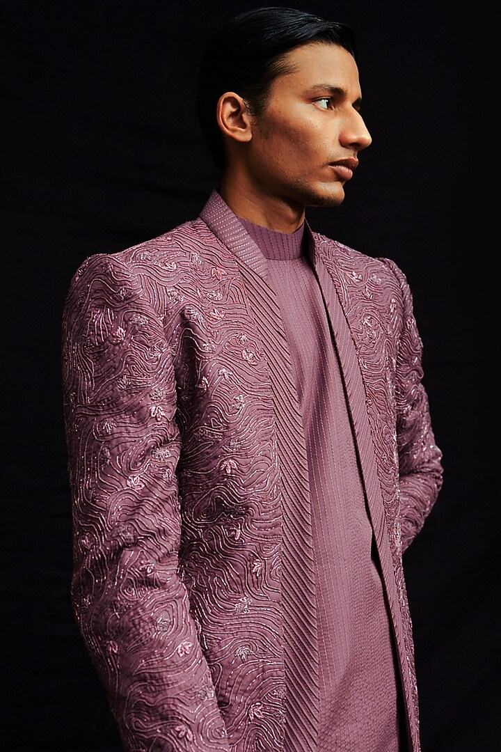 Mauve Habutai Silk Hand Embroidered Groom Indowestern Set by Amaare at Pernia's Pop Up Shop
