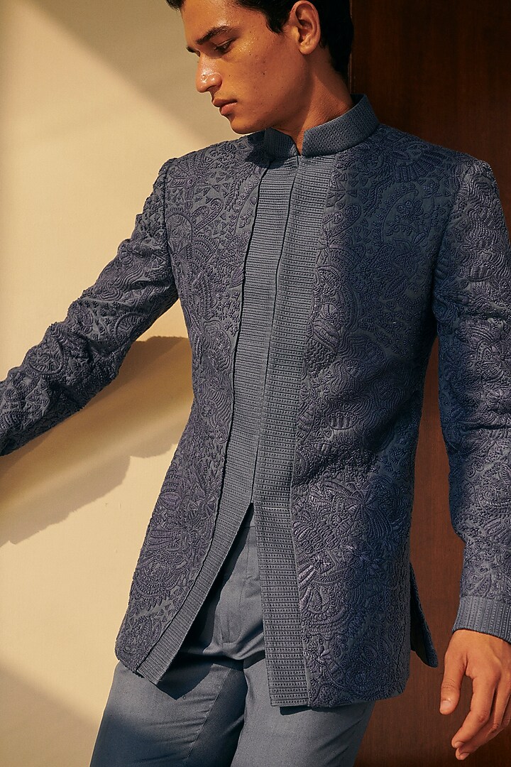 Grey Habutai Silk Hand Embroidered Groom Bandhgala Set by Amaare at Pernia's Pop Up Shop