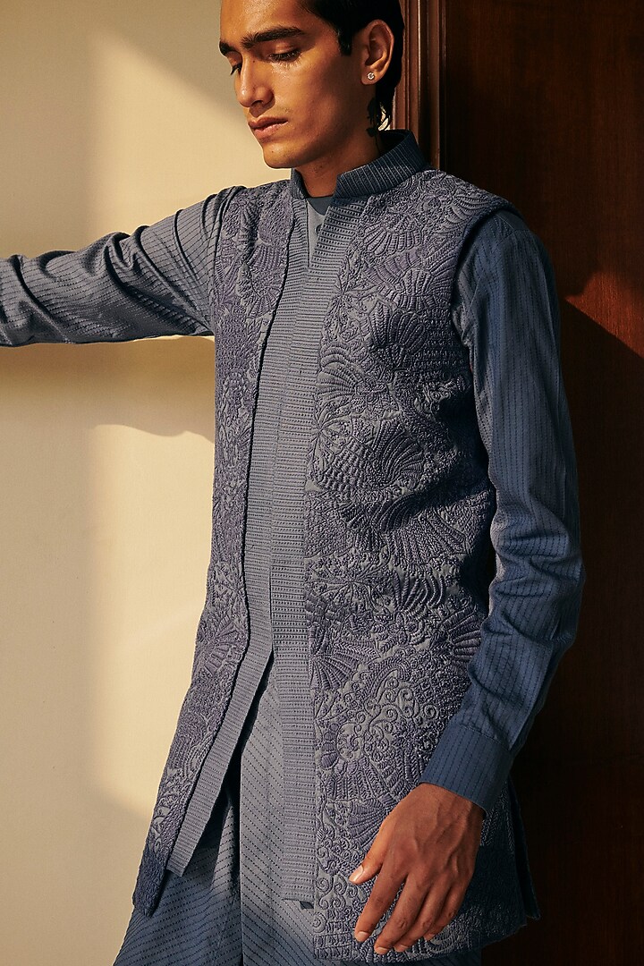 Grey Habutai Silk Hand Embroidered Groom Bandhgala Set by Amaare at Pernia's Pop Up Shop