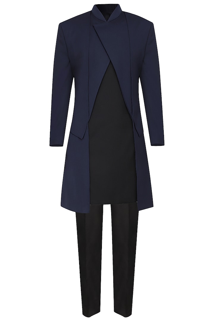 Navy Blue Asymmetrical Long Jacket by Amaare