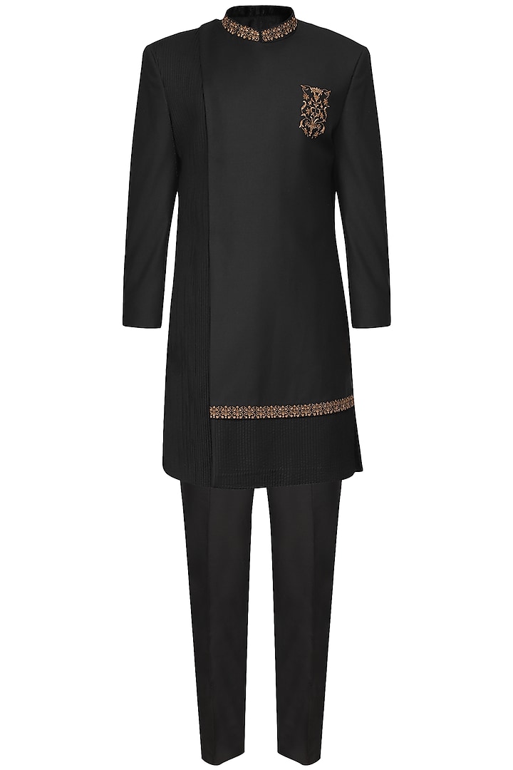 Black Wool Pintuck Hand Embroidered Indowestern by Amaare