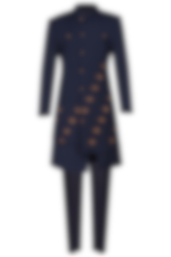 Navy Blue Wool Hand Embroidered Indowestern by Amaare