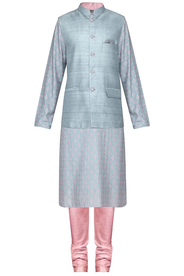 Grey Embroidered Kurta with Nehru Jacket by Amaare