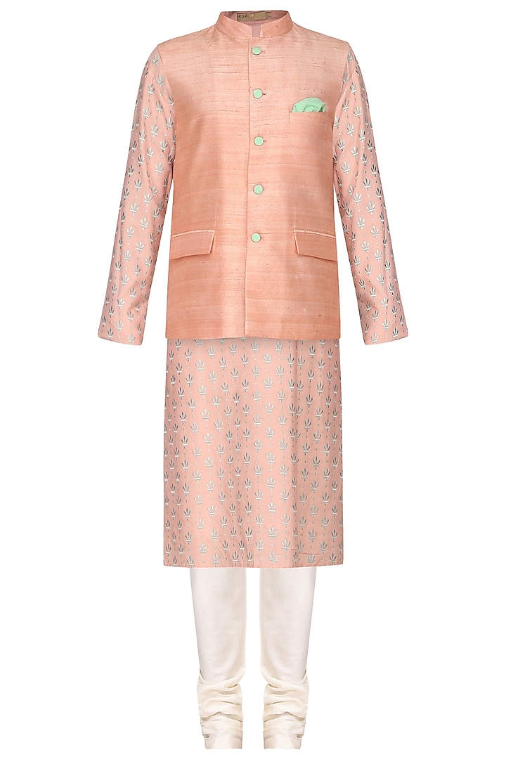 Peach Embroidered Kurta with Nehru Jacket by Amaare