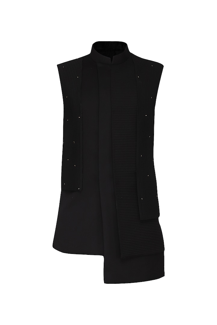 Black Asymmetrical Textured Nehru Jacket by Amaare