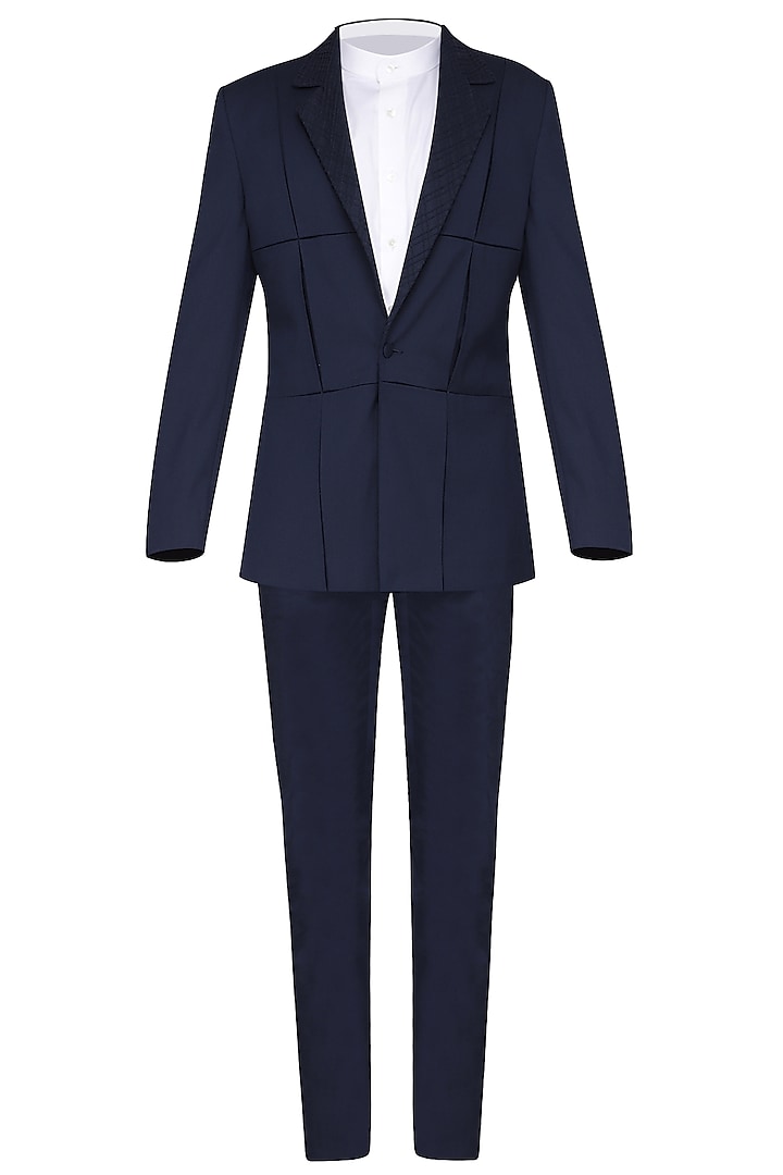 Navy Blue Pintucks Textured Tuxedo Jacket by Amaare