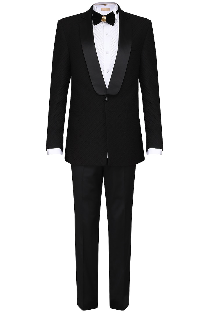 Black pintucked tuxedo with trousers by Amaare