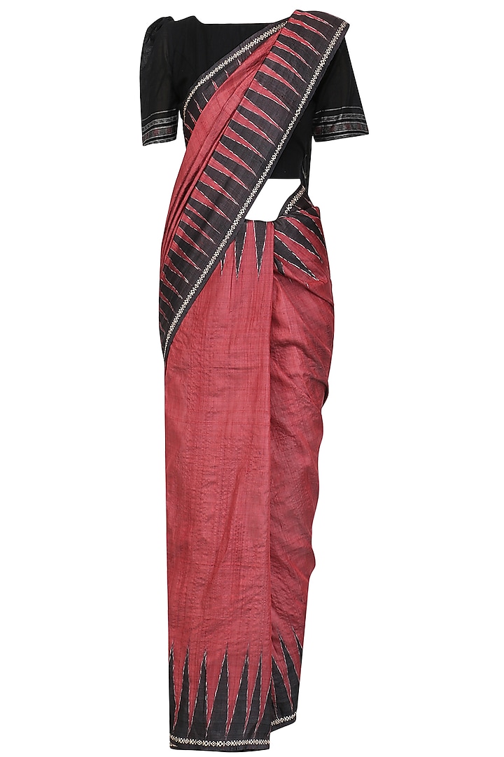 Crimson Ikat Print Saree and Black Blouse Set by Priti Sahni