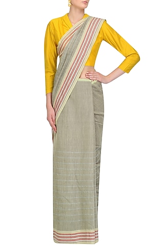 Grey Checkered Saree and Mustard Yellow Blouse Set by Priti Sahni