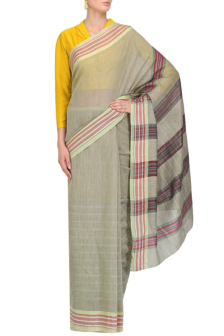 Grey checkered saree and mustard yellow blouse set available only at Pernia's Pop Up Shop.