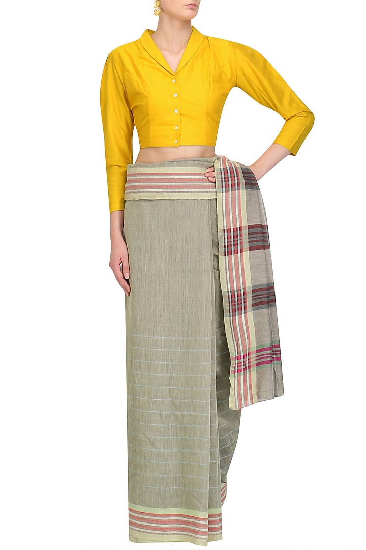 Grey checkered saree and mustard yellow blouse set available only at Pernia's Pop Up Shop.