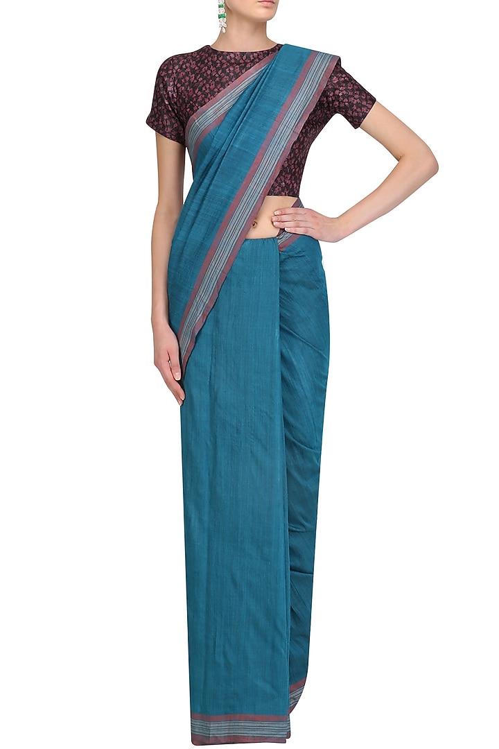Blue handwoven saree and maroon blouse set available only at Pernia's Pop Up Shop.