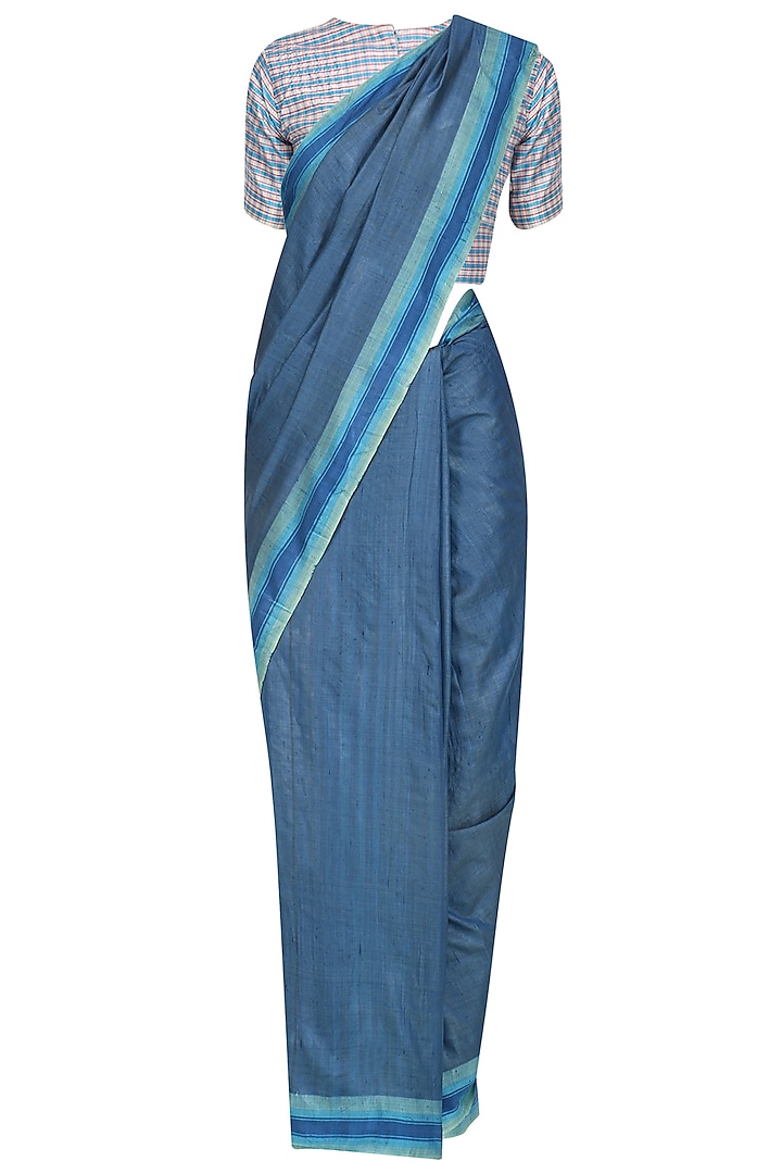Blue Handwoven Saree and White Ckeckered Blouse Set by Priti Sahni