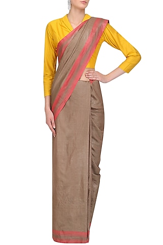 Beige Handwoven Saree and Checkered Blouse Set by Priti Sahni