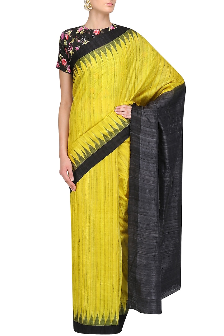 Lemon yellow ikat print saree and floral blouse set available only at Pernia's Pop Up Shop.