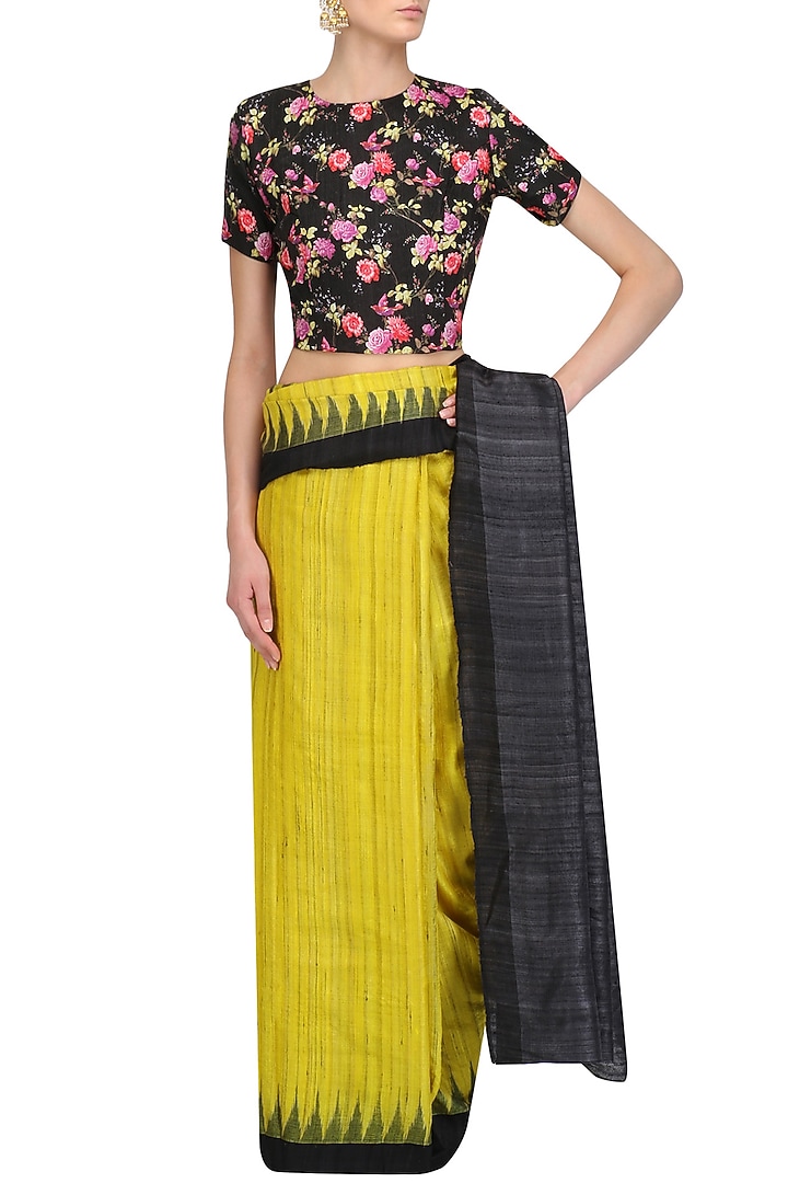Lemon yellow ikat print saree and floral blouse set available only at Pernia's Pop Up Shop.