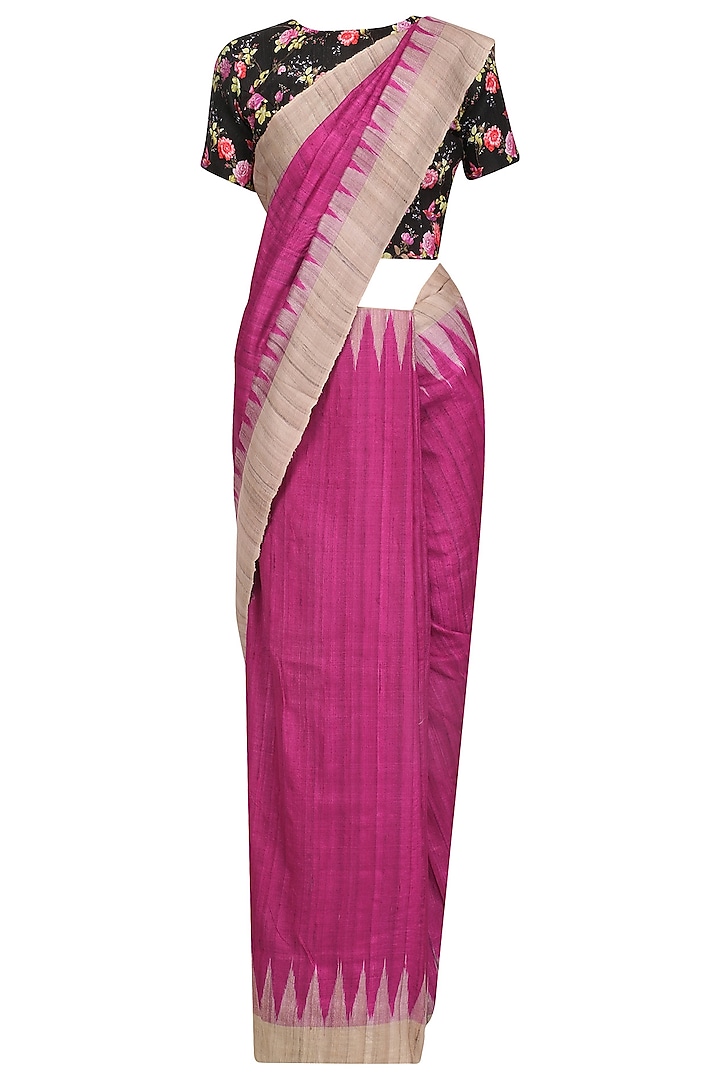 Magenta Ikat Print Saree and Floral Blouse Set by Priti Sahni