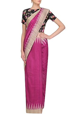Magenta Ikat Print Saree and Floral Blouse Set by Priti Sahni
