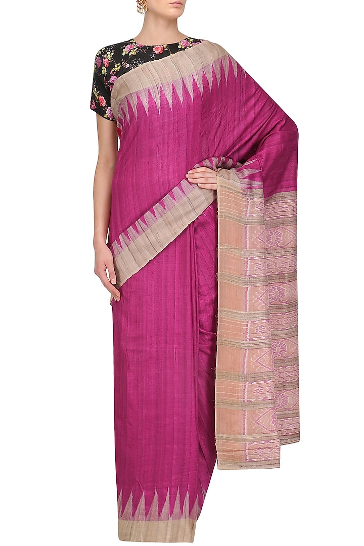 Magenta ikat print saree and floral blouse set available only at Pernia's Pop Up Shop.