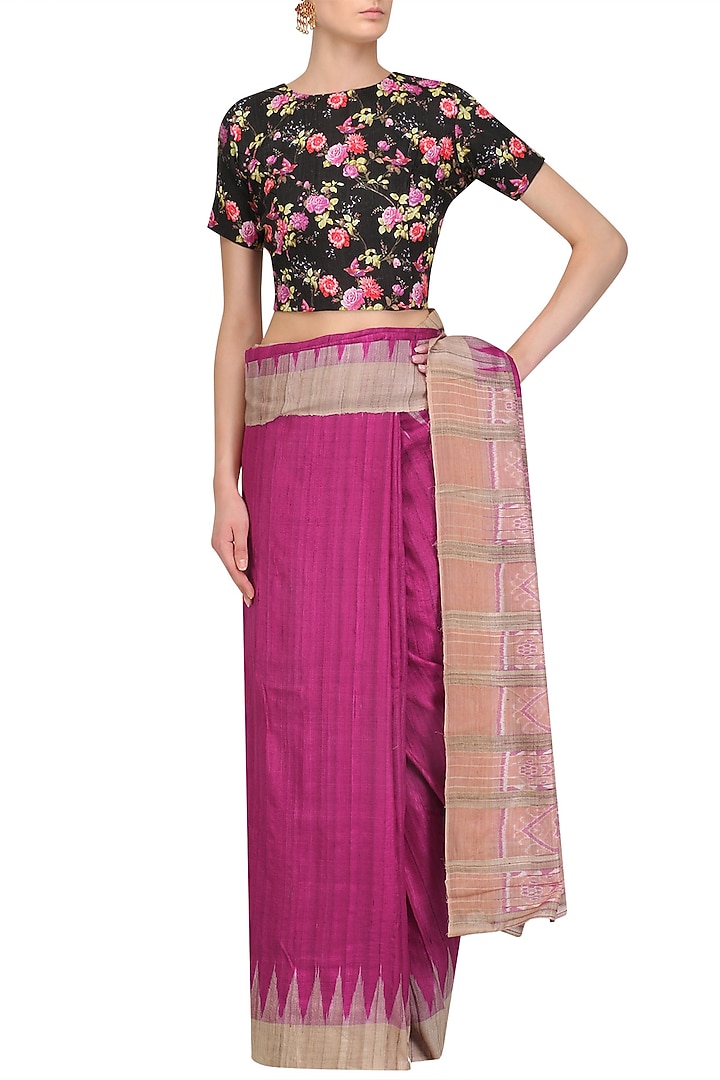Magenta ikat print saree and floral blouse set available only at Pernia's Pop Up Shop.