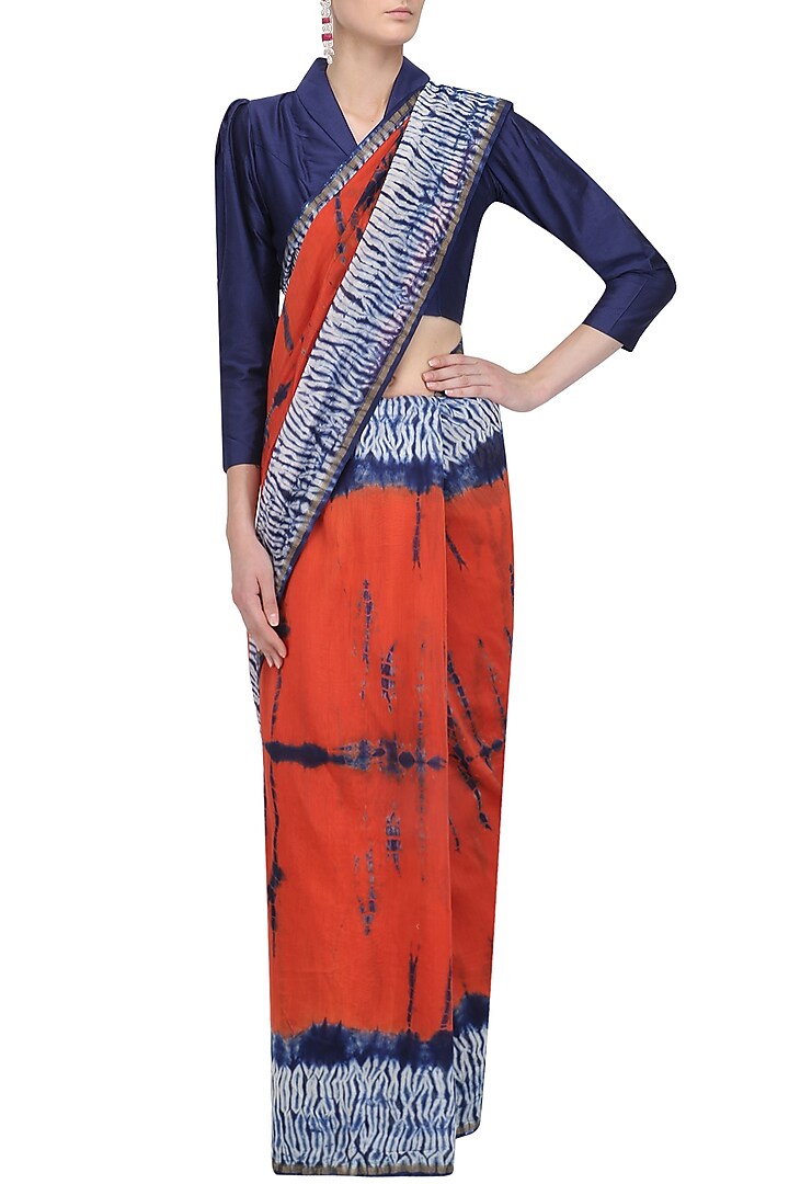Navy blue and orange tye and dye saree and blouse set available only at Pernia's Pop Up Shop.
