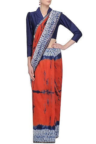 Navy Blue and Orange Tye and Dye Saree and Blouse Set by Priti Sahni