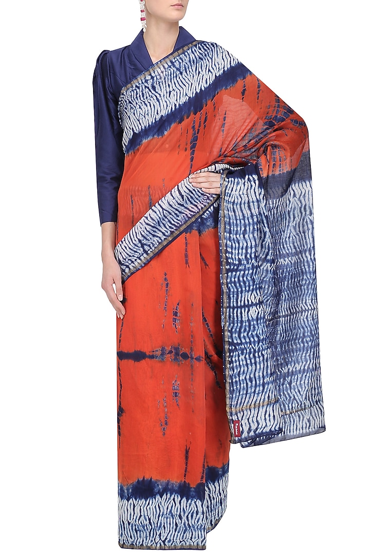 Navy blue and orange tye and dye saree and blouse set available only at Pernia's Pop Up Shop.