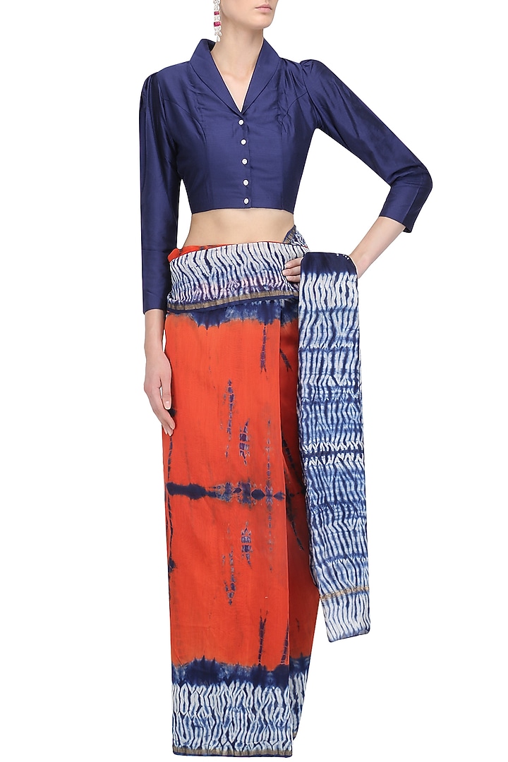 Navy blue and orange tye and dye saree and blouse set available only at Pernia's Pop Up Shop.