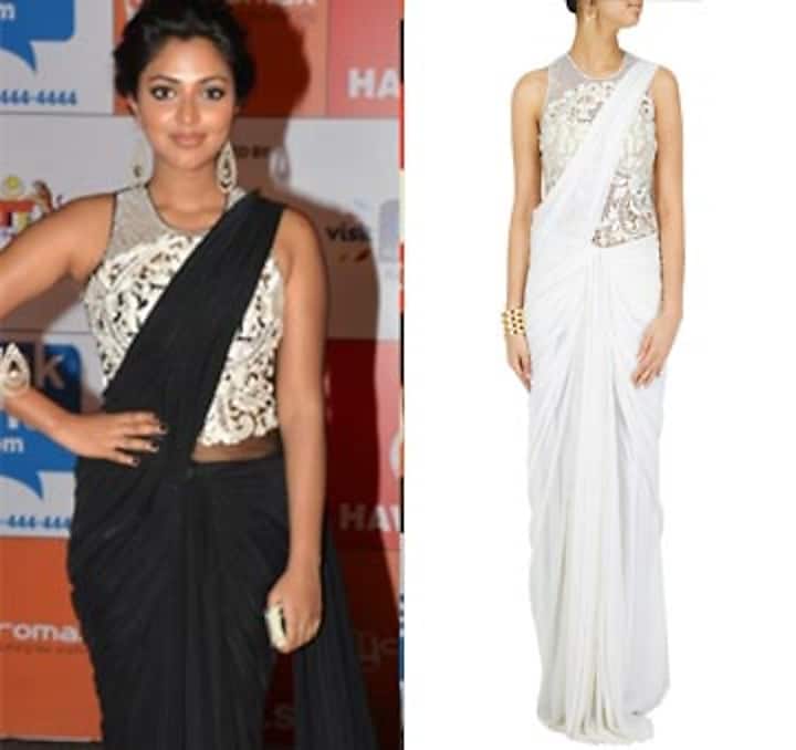 White embroidered fringe pallu pre stitched sari-gown available only at Pernia's Pop-Up Shop.
