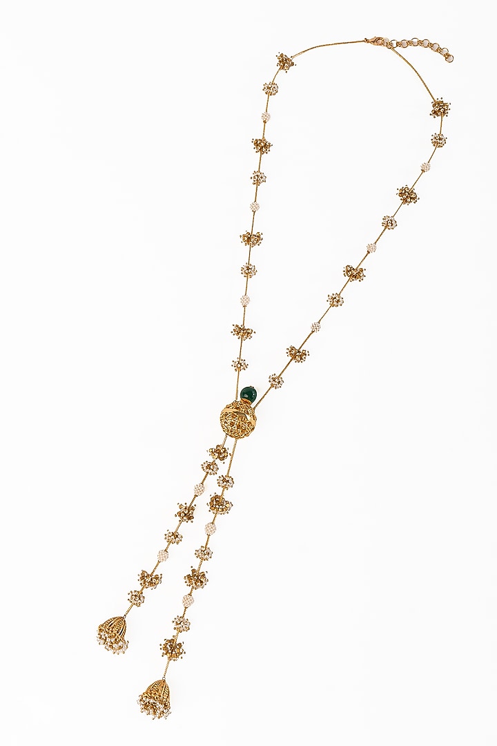 Antique Gold Plated Faux Pearl & Green Onyx Necklace by AMAMA at Pernia's Pop Up Shop