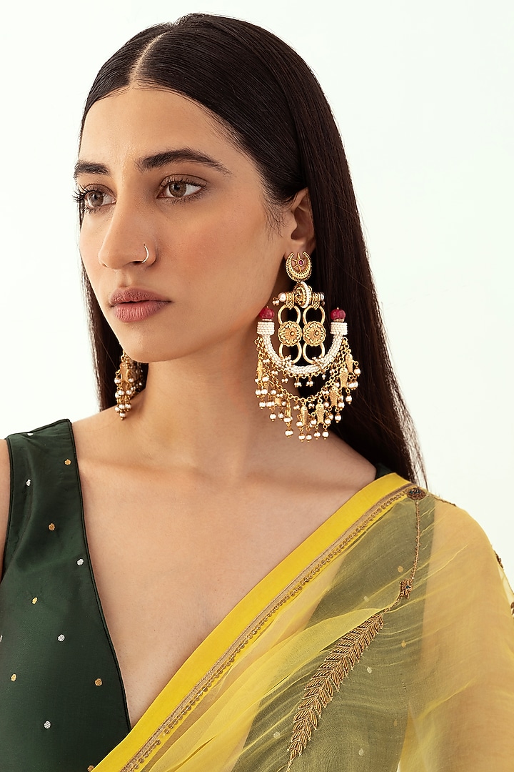 Gold Plated Faux Pearl & Red Onyx Dangler Earrings by AMAMA at Pernia's Pop Up Shop