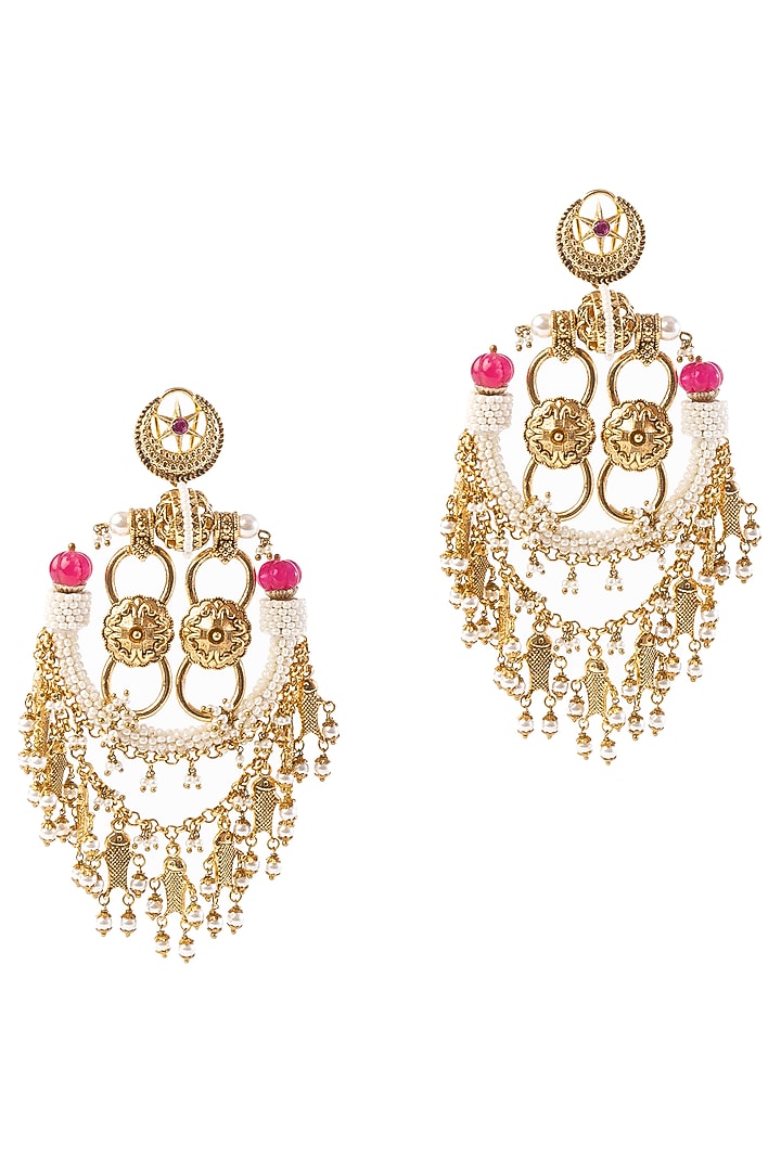 Gold Plated Faux Pearl & Red Onyx Dangler Earrings by AMAMA at Pernia's Pop Up Shop