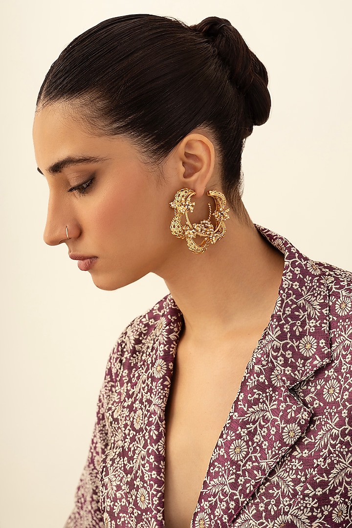 Antique Gold Plated Faux Pearl Hoop Earrings by AMAMA at Pernia's Pop Up Shop