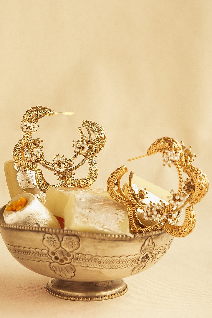 Antique Gold Plated Faux Pearl Hoop Earrings by AMAMA at Pernia's Pop Up Shop