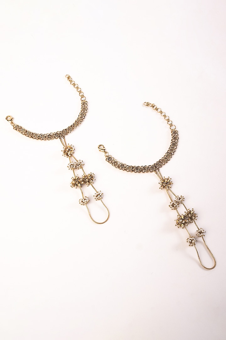 Gold Plated Faux Pearl Adjustable Hathphool (Set Of 2) by AMAMA at Pernia's Pop Up Shop