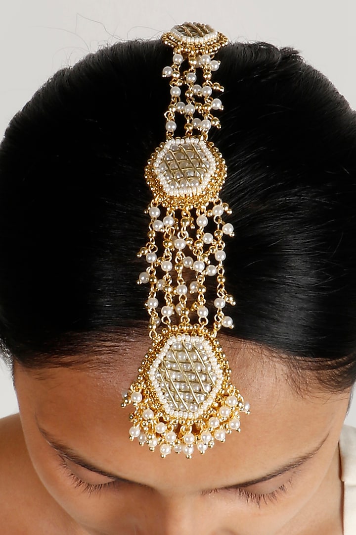 Gold Plated Pearl Maang Tikka by Vaidaan Jewellery at Pernia's Pop Up Shop