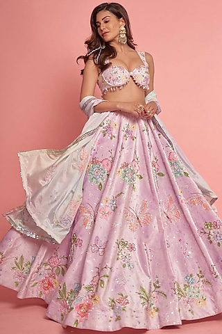 Light Purple Velvet Embellished Lehenga Set by Lashkaraa