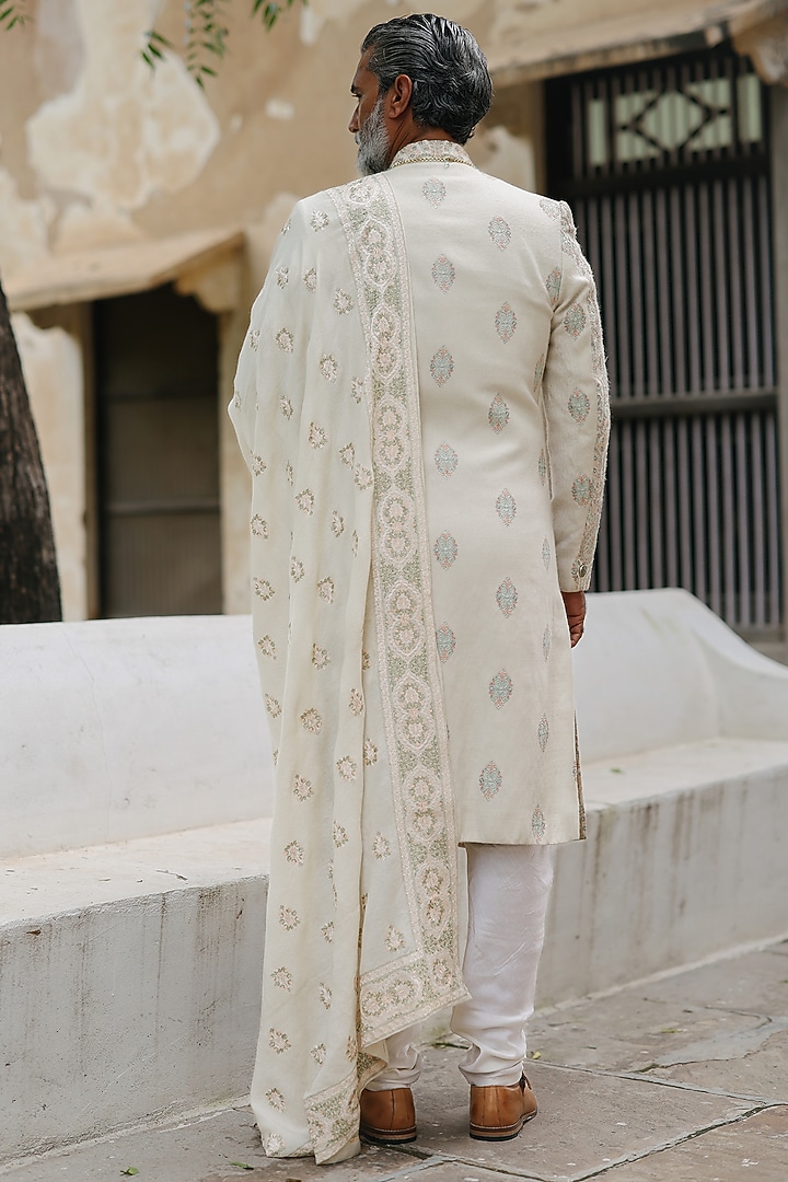 Sage Green Pashmina Hand Embroidered Groom Sherwani Set by Amit Behki at Pernia's Pop Up Shop