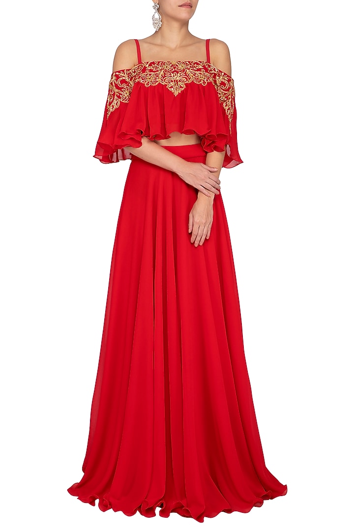 Red Embroidered Ruffled Top With Skirt by AMIT GT at Pernia's Pop Up Shop