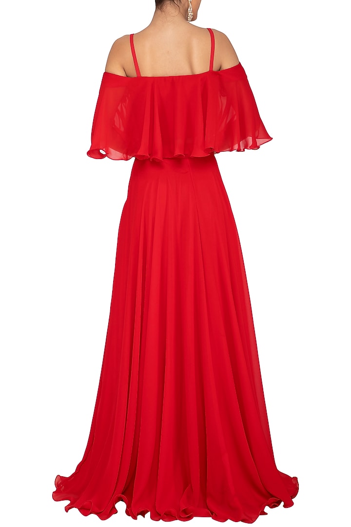 Red Embroidered Ruffled Top With Skirt by AMIT GT at Pernia's Pop Up Shop